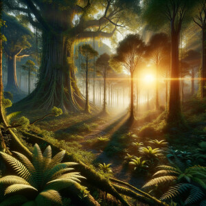A very detailed photograph of a sun rising over the a jungle, ve...