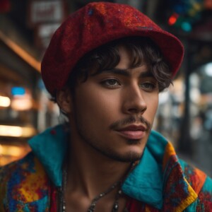 a low level shot of a male model dressed in a colorful street we...