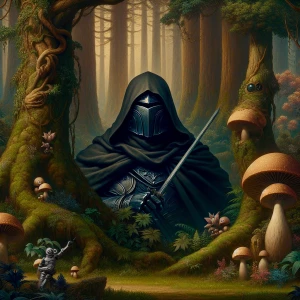 Ghibli style portrait of Darth Vader standing in a mystical fore...