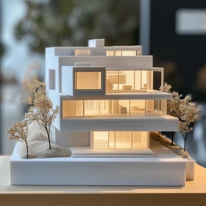 3D printed scale model of a modern house being displayed as art on a wall