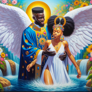 An oil painting depicting a large African-American angel with wi...
