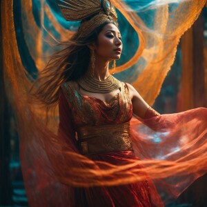 A woman dressed in traditional Eastern attire with translucent s...