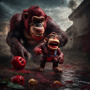Donkey Kong holding decapitated super Mario's head,, photo, horr...