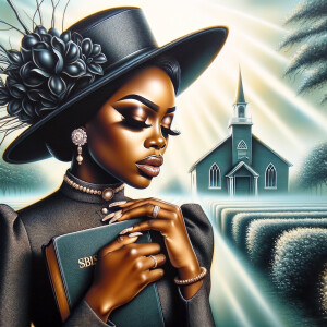 Render an airbrush oil painting of an African American woman with flawless makeup in a
contemplative pose, holding a Bible close to her heart, dressed in an elegant Sunday Best
outfit with a distinctive Church Hat. The background features a peaceful church garden,
with light filtering through the trees, highlighting her spiritual connection and the personal
moment of reflection. The artwork should capture the tranquility of the scene, the beauty
of her attire, and the depth of her contemplation, reflecting a serene and spiritually