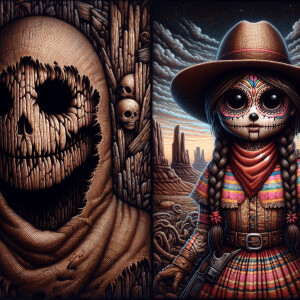 "A surreal horizontal artwork merging multiple elements. On the...