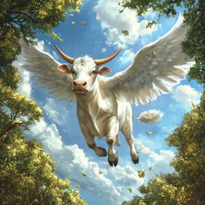 A cow soars through the sky, flapping its enormous wings as it g...