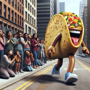 A taco walking down the street laughing hysterically while peopl...