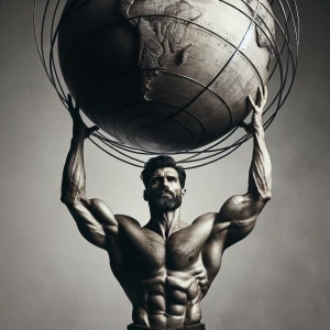 A muscular man resembling Atlas, standing and holding a globe ab...