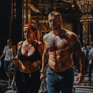Hyperrealism.A sweaty man walking with his mother in law with n...