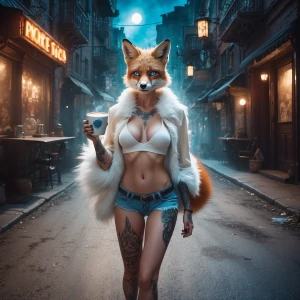 A gorgeous female fox with blue eyes and white fur, wearing an o...
