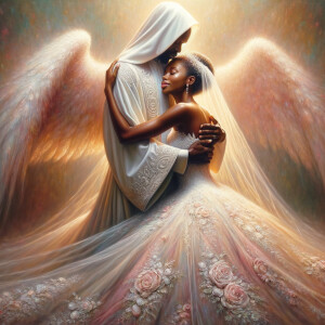 Imagine a hyper-realistic oil painting that captures a tender moment between theAfrican American bride and her God. The setting is intimate and filled with soft, warm lighting that enhances the emotional depth of the scene. The bride, in herexquisite wedding gown, shares a heartfelt embrace with her african-American Lord Jesus , who is dressedin an elegant outfit that complements the wedding's color scheme. Their expressions are full of love, pride, and joy, reflecting the special bond between them. Theattention to detail is paramount, from the intricate designs of their dresses to the subtle emotions conveyed in their facial expressions. The background is a blur ofgentle pastel hues, ensuring that the focus remains on this touching moment. Thispainting should convey the warmth, love, and depth of the relationship, with the rich textures and vibrant strokes characteristic of oil paintings, capturing the essence of this significant pre-wedding moment.