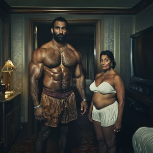 a muscular, sweaty man entering a New York hotel room, accompani...