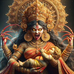 portrait of angry looking goddess durga  carrying a chubby mahishasur in her arms and poking him with her amazingly long red fingernails. She is wearing a huge gold crown, red saree, abundant  gold jewelry, covered in blood. The scene is set in ancient India. The image is 8K resolution, cinematic, ultra detailed face and epic.