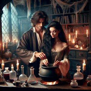 Severus snape and a beautiful woman making potion, romantic scen...