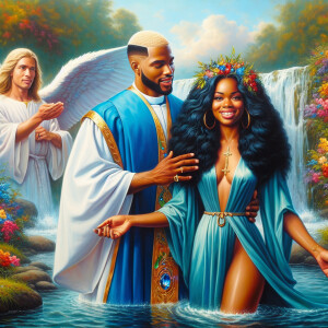 An oil painting depicting a light-skinned African-American pasto...