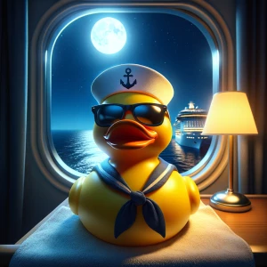 Yellow rubber duck wearing a white sailor cap with a dark blue a...