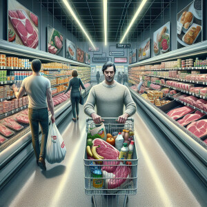 "Create a scene depicting the twentieth frame in a supermarket....