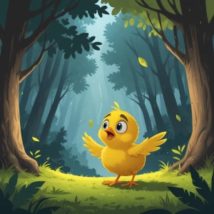 The same small yellow chick is suddenly frozen in fear. The peac...