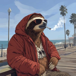 Sloths slerf meme..hanging out on the boardwalk smoking a cigare...
