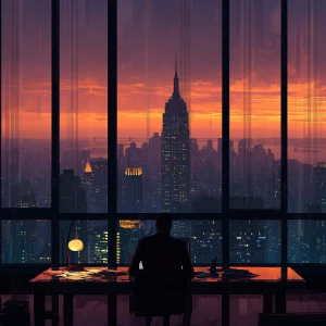 "A dramatic high-rise office scene at dusk, viewed from inside t...