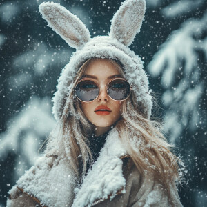 Create an image of an attractive woman dressed in stylish winter...
