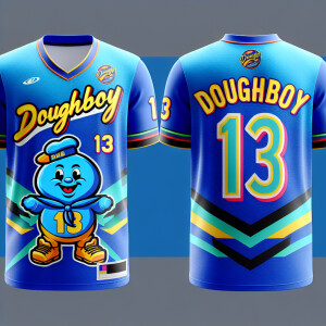 A stylish and eye-catching blue jersey featuring the name "DOUGH...