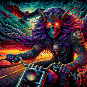 a highly stylized and colorful artwork featuring a character wit...