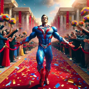 Design a high-definition, cinematic image of a superman triumpha...