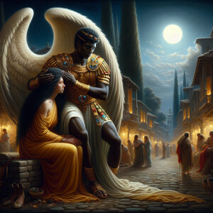 Create an oil painting image featuring a male angel and a grievi...