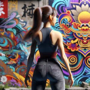 Athletic Thin skinny Attractive, Asian teenage girl, long brown hair and bangs, wearing tight skinny jeans and a halter top paint marks on her clothing, heroic pose Asian graffiti background, backside view