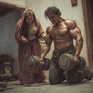 HyperRealism photo art,A  muscular beefy sweaty kashmiri man doi...