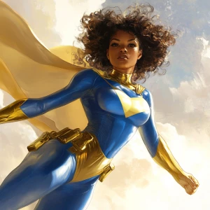Soaring through the air, the superheroine commands the sky with...
