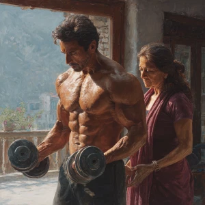 Hyperrealism painting,A  muscular beefy sweaty kashmiri man doin...