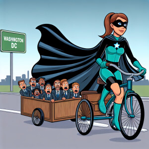 Create an image of Rebecca Davis riding a tricycle in her turquo...