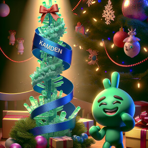 crystallized ribbon name *kamden* wrapped around a christmas tre...