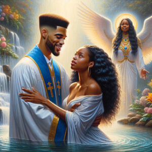 An oil painting depicting a light-skinned African-American pasto...
