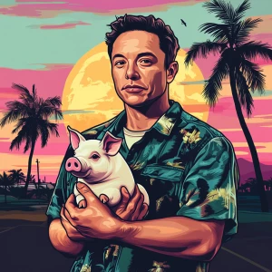 Elon Musk in GTA art style — Holding moon pig — in the style of...