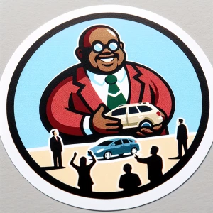 A fat bald black rich guy giving people cars (not wearing glasse...