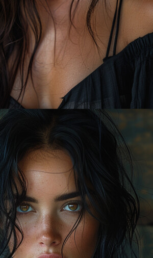 a beautiful woman, in the style of texture-rich layers, dark bla...