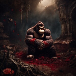 A macabre and gritty portrait of Donkey Kong in a dark fantasy s...