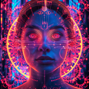 A straight-on, eye-level realistic digital portrait of a woman a...