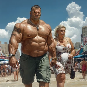 Create a realistic, sharp art piece depicting a muscular, sweaty...