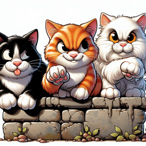 A cartoon Of Three mischievous cats sitting on a ledge, all maki...