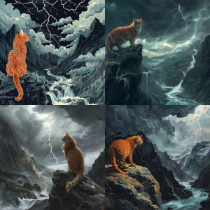 A red-haired cat stands on a mountain and looks down, black clou...