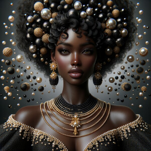 Imagine a digital portrait of a light skinned African-American Latino regal woman named KAREN Her attire and accessories are exclusively adorned with black and gold pearls. They grace her voluminous hair, styled in an elegant updo, where the black pearls form the roots and the gold pearls create the stunning curls. Her ears boast chandelier earrings, with black pearls clustered at the top, transitioning to gold pearls that dangle with delicate grace. Around her neck, a tiered necklace cascades with strands of alternating black and gold pearls, reflecting a sophisticated contrast.

Her shoulders are draped with a luxurious off-shoulder gown, the fabric's weave incorporating intricate patterns formed by black and gold pearls. The gown's texture has a subtle sheen, suggesting a high-quality material with a pearlescent finish. As a centerpiece, a grand brooch sits at her collar, with a large gold pearl surrounded by an elaborate design of smaller black pearls.

The background of the portrait features an abstract composition of floating pearls, swirling in a dance of shadows and light, emphasizing the color theme of black and gold. The name "KAREN" is discreetly integrated into the lower right corner of the artwork, blending seamlessly with the design, as if it were a signature part of the jewelry ensemble. The overall effect is one of timeless elegance, a blend of modern design and classic beauty, all tied together by the luxurious palette of black and gold.