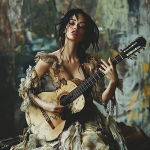 A woman in a tattered dress, playing guitar with intricate hand...