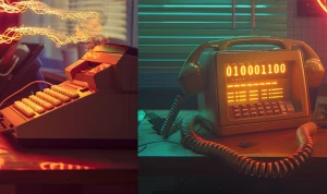 /imagine prompt: two vintage beige 56k modems on separate desks,...