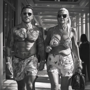 Realism,shqrp art,detailed.,a man  muscular beefy sweaty tattoed...