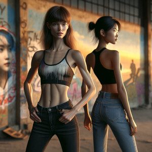 Athletic Thin skinny Attractive, Asian teenage girl, long brown hair and bangs, wearing tight skinny jeans and a halter top paint marks on her clothing, heroic pose Asian graffiti background, backside view