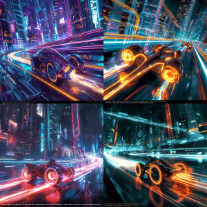 "Create an image of a Tron light cycle racing through a futurist...